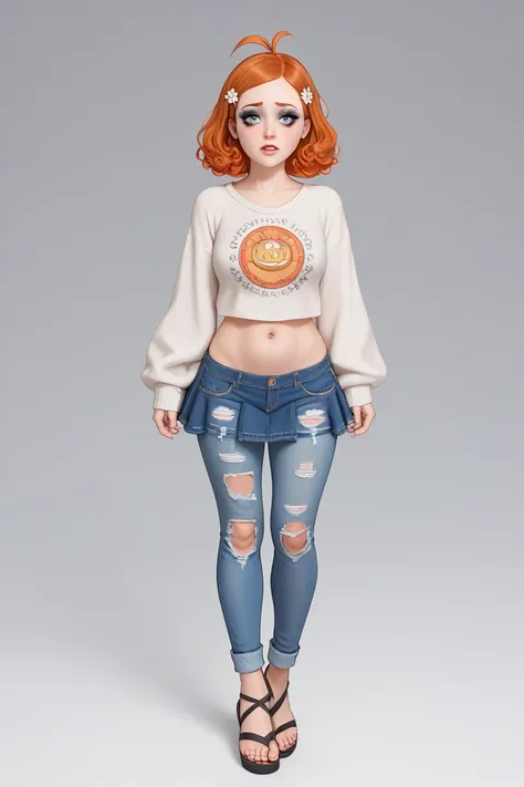 For a bullied-inspired outfit for Orihime Inoue that still follows the rule of showing her navel and toes, here's a design that reflects vulnerability while maintaining her elegance:

Top:

Tattered, oversized sweater: A loose, slightly torn sweater in a p...