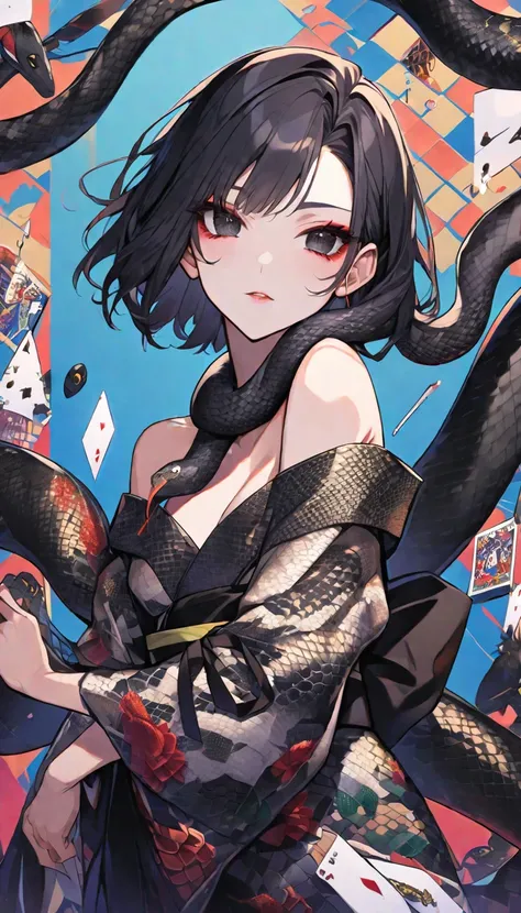 girl,A snake is wrapped around the girl,Black Hair、black eyes,,Off-shoulder kimono,Beautiful face,Snake Woman、Poker face、Black snake pattern、turn around、A black ribbon tied around the neck、Snake scale pattern kimono、With the snake、Personal illustration、sho...