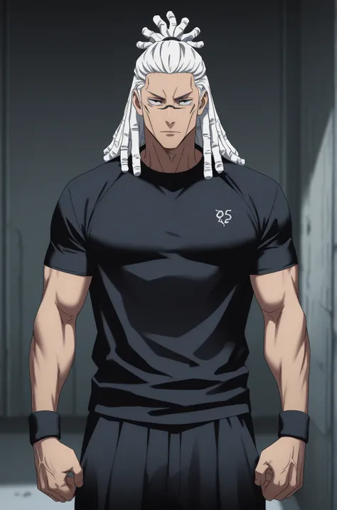 High resolution,  masterpiece,  Precise,  the best quality , very aesthetic, sameface, 1 men, atlethic body, dreadlocks, long white hair, white hair, black pants, black t-shirt, tennis reebock, Jujutsu kaizen style art, jujutsu kaisen anime art, fullbody, ...