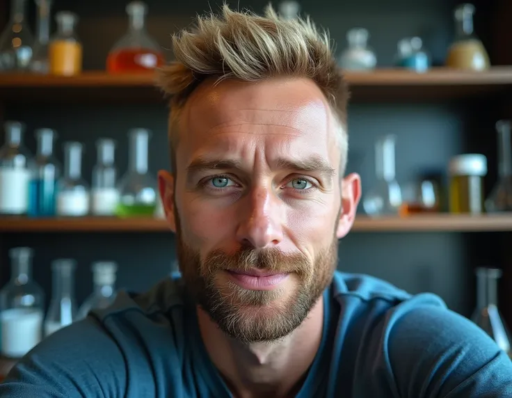 A selfie picture of a man in his 30's with chemistry equipment behind him. He has a very short beard, almost like a long 5 o'clock shadow that has mixtures blonde and grey hair in it. His eyes are ocean blue and short spiky blonde hair that is buzzed on th...