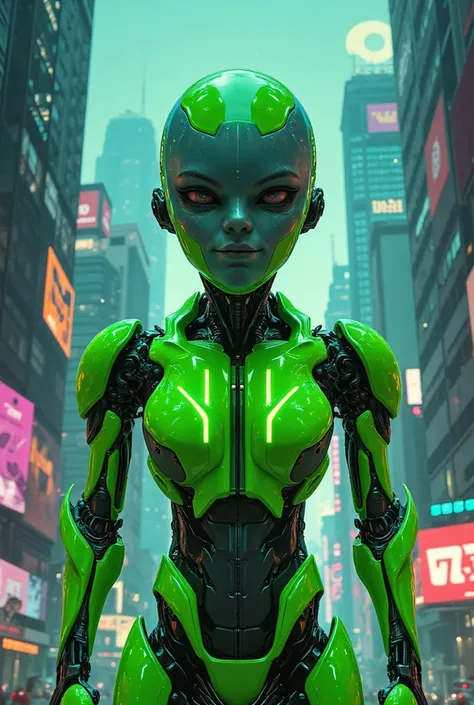 Neon green standing friendly cool marvel comic book robot alien that is a half cyber robot. In a cyber city. High Resolution, Looking at viewer, Masterpiece, Accurate, Anatomically Correct, Award Winning, Best Quality, High Details.