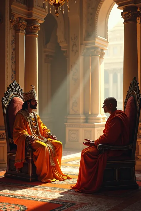 One indian ancient king sitting on a throne in palace and one sage is sitting on another throne wearing orange simlpe clothes and they are talking 