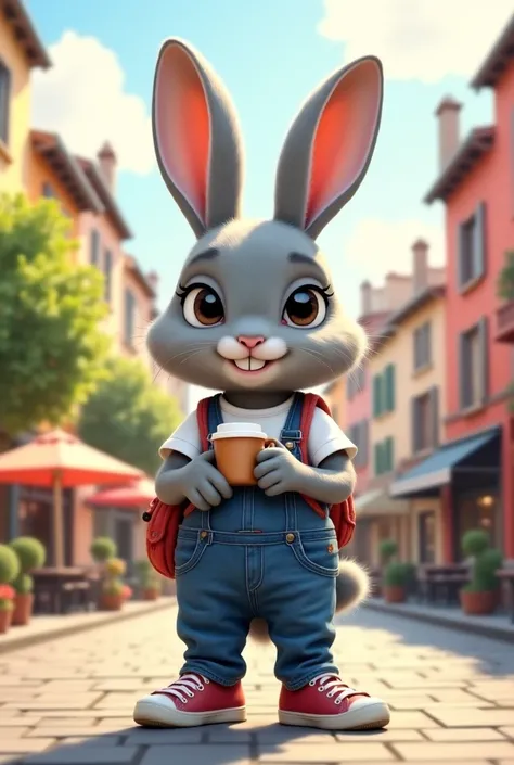 rabbit, gray color, rabbit stands on hind legs, rabbit is dressed in denim overalls white t-shirt and small backpack, sneakers on feet, cup of coffee in paw, in the background - cityscape with houses, trees and coffee shop in the background