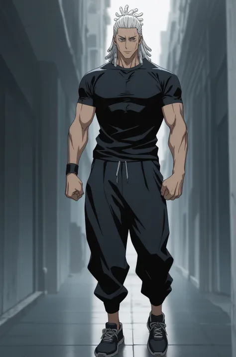 High resolution,  masterpiece,  Precise,  the best quality , very aesthetic, sameface, 1 men, atlethic body, dreadlocks, long white hair, white hair, black pants, black t-shirt, shoes reebock, Jujutsu kaizen style art, jujutsu kaisen anime art, fullbody, J...