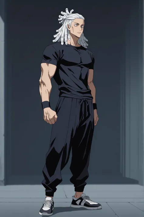 High resolution,  masterpiece,  Precise,  the best quality , very aesthetic, sameface, 1 men, atlethic body, dreadlocks, long white hair, white hair, black pants, black t-shirt, shoes reebock, Jujutsu kaizen style art, jujutsu kaisen anime art, fullbody, J...