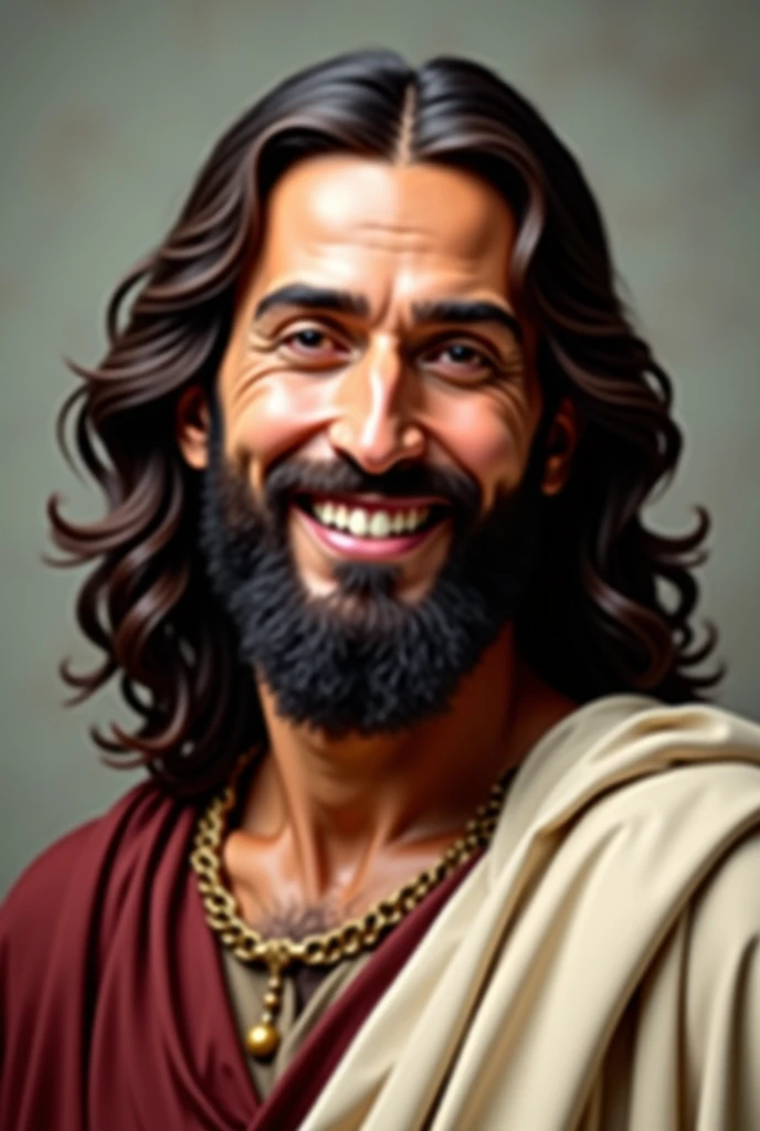 Ethnically accurate Depiction of Jesus
A middle eastern man. Copper skinned, long dark wavy hair and bushy beard. 
Dressed in ancient middle eastern clothing
He smiles warmly at the viewer 