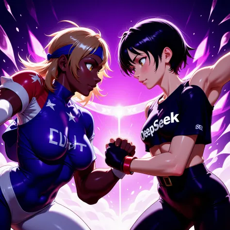 A digital painting depicting a 3D fighting game scene in a retro side-scrolling style. Two fighters, one American wearing a ChatGPT shirt, the other Asian wearing a DeepSeek shirt, clash with exaggerated poses. Vivid purples, high contrast, deep ultraviole...