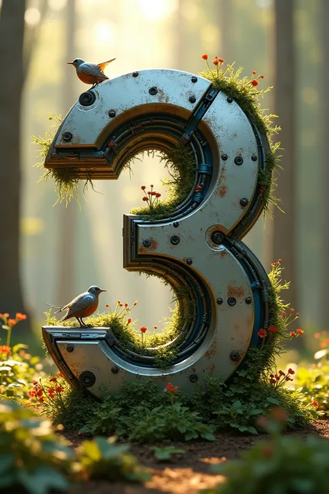 " Create a three-dimensional and futuristic '3' number ,  combining robotic and organic elements in the style of  *The Wild Robot  (wild robot)*  with the vibrant and expressive touch of Pixar .  
- ** Robotic structure :**  Shiny metal surface with worn p...