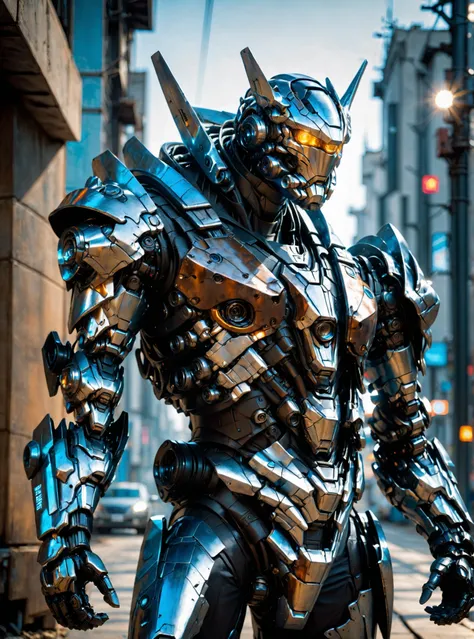 (masterpiece, best quality, ultra-detailed, best shadow), cinematic film still, photo of a man wearing a high tech scifi armor, mecha armor, male focus, armor, solo, facial hair, cape, beard, looking at viewer, blue eyes, blurry background, power armor, kn...