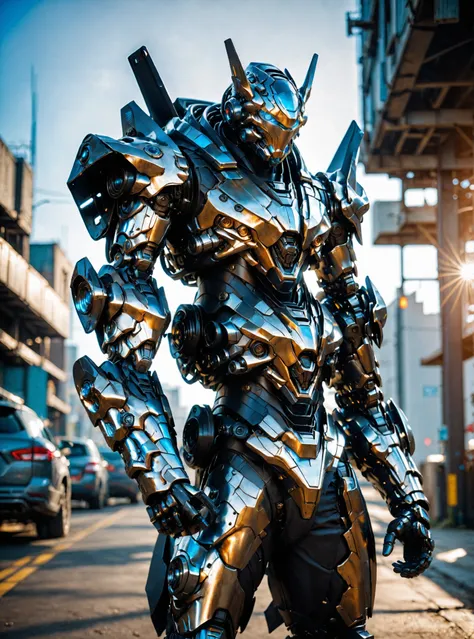 (masterpiece, best quality, ultra-detailed, best shadow), cinematic film still, photo of a man wearing a high tech scifi armor, mecha armor, male focus, armor, solo, facial hair, cape, beard, looking at viewer, blue eyes, blurry background, power armor, kn...