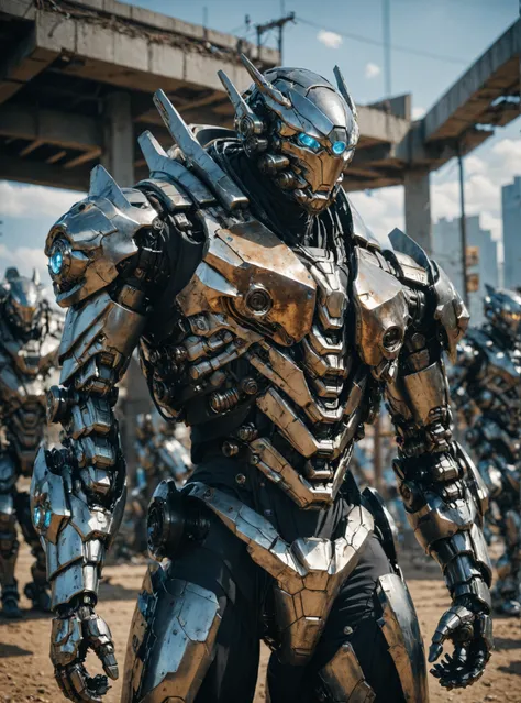 (masterpiece, best quality, ultra-detailed, best shadow), cinematic film still, photo of a man wearing a high tech scifi armor, mecha armor, male focus, armor, solo, facial hair, cape, beard, looking at viewer, blue eyes, blurry background, power armor, kn...