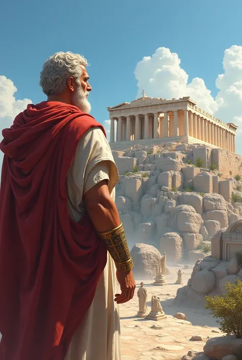 Pericles looking upon the acropolis proudly. He sees the Parthenon in all its glory