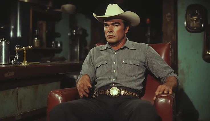  Marlon Brando as Unshaved Budd :  Sitting on a bar stool in a dilapidated place,  with a gun around his belt and a tired expression .  and white cowboy hat .retro 