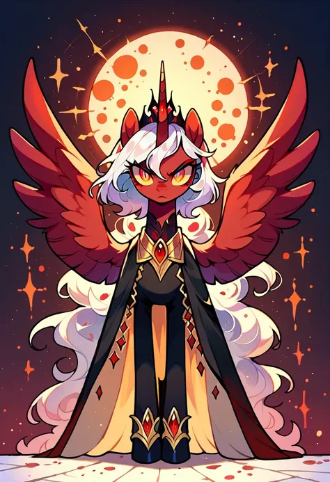 painting《My Little Pony》The Evil Cocoon Queen in，The appearance of evil，Alicorn，Red fur，pale white hair， medium length hair ，Golden vertical pupil，Full body picture，Very simple background 