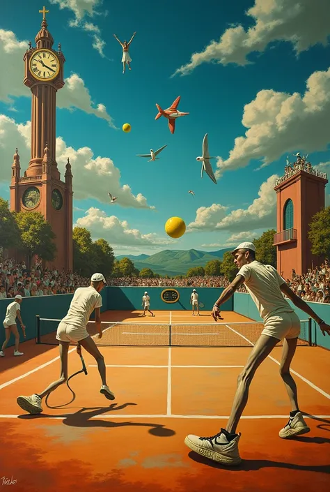 a tennis match drawn by Salvador Dali 