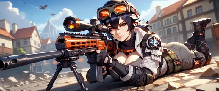 ultra-detailed, 1girl, grace, Zenless Zone Zero, (best quality), ((masterpiece)), (highres), 16K, orange eyes, perfect face, short hair, black hair, low ponytail, ahoge, goggles on head, wearing tactical clothes, tactical belt, knee pads, gray panties, boo...