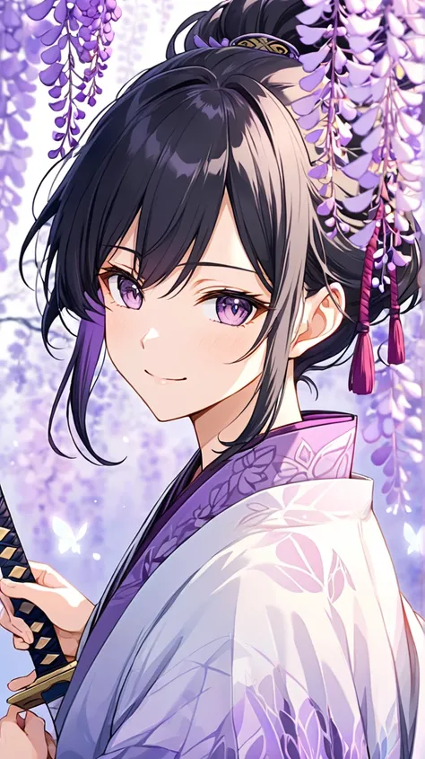  upper body close-up （((masterpiece), "Kochou Shinobu from Demon Slayer, beautiful purple butterfly hair ornament, shoulder-length black hair with purple gradient, gentle and calm smile, butterfly wing patterned haori with gradient colors, thin Nichirin sw...