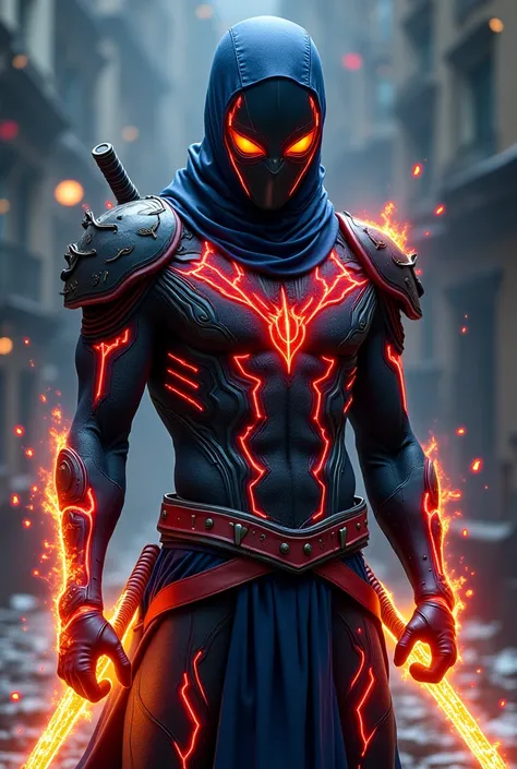 " An elemental ninja with a costume adjusted to the body , adapted to your element .  His light armor has dynamic patterns that represent his power ,  and your mask reflects the energy that emanates from it .  Your eyes shine brightly ,  and its presence c...