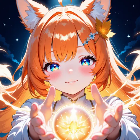 Fox Girl,Hair Orange,Blue eyes,Maple Leaf on hair,Cute,Hairclip,Long Hair,Face only,Fantasy,Magic spell,Emotion Happiness,Starry night,magical ambiant