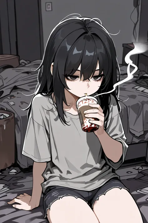 masterpiece, best quality,  expressionless, 1girl, solo, messy black hair, smoking, gray shirt, shorts, messy room, drinking, 