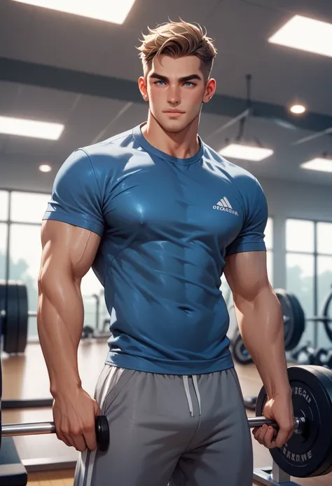 Mike is dressed in a blue long-sleeved t-shirt and a gray tracksuit. He is training more people. He is a trainer at a gym. the gym is a crossfit gym