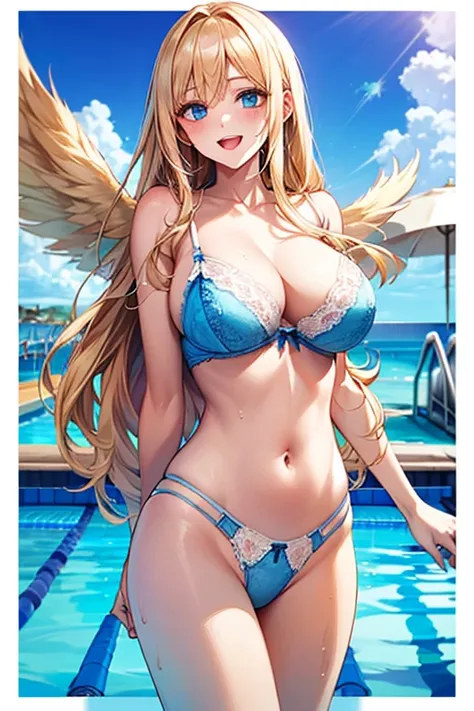 Angewomon,Very detailed、(((sky blue lingerie))), highest quality、Best image quality、masterpiece、8k、Anime Face、A kind smile、Open Mouth、(Blonde long hair:1.5)、big breast, sexy、 beautiful body 、Cowboy Shot, (((white multiple angel wings))), Sexual Intercourse...