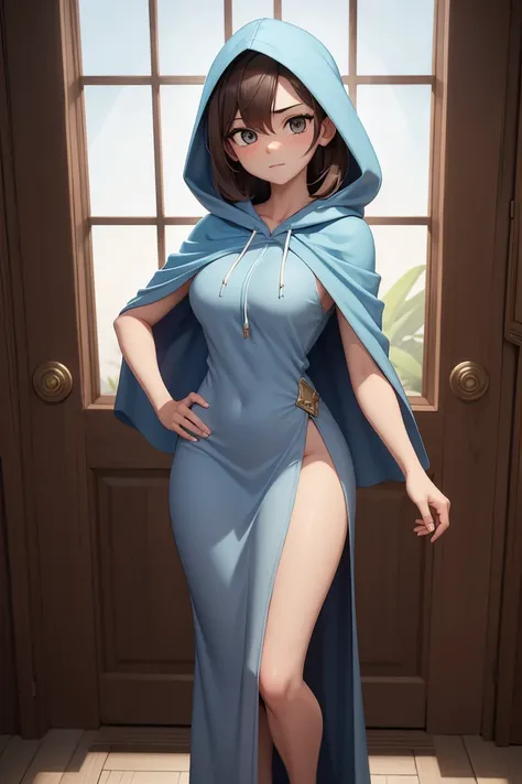 Busty shoulder length brown haired ager with gray eyes.  She’s wearing a light blue shapeless dress that goes to her knees with a white hooded capelet over it that goes to her hips 