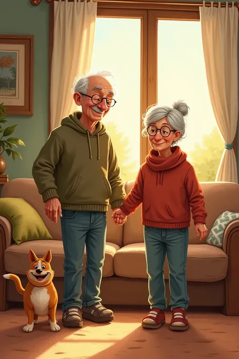 hand drawn illustration Pixar style of My older couple got up off the couch, gput on some grungier clothes, grabbed the dog, and are going for a walk 