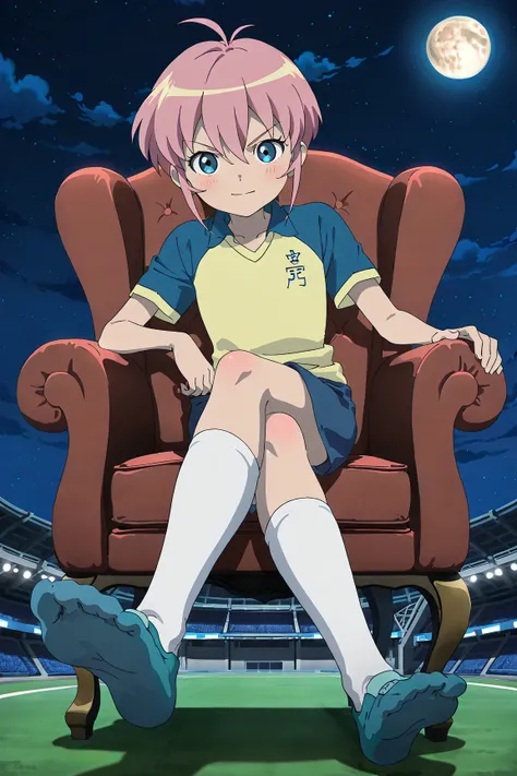 source_anime, score_9, score_8_up, score_7_up, anime screencap, absurdres, high quality,
anime coloring, 1girl, solo, (ograimon, collared shirt, yellow shirt, blue raglan sleeves, blue shorts
white socks),, looking at viewer, full body, female, barefoot, s...