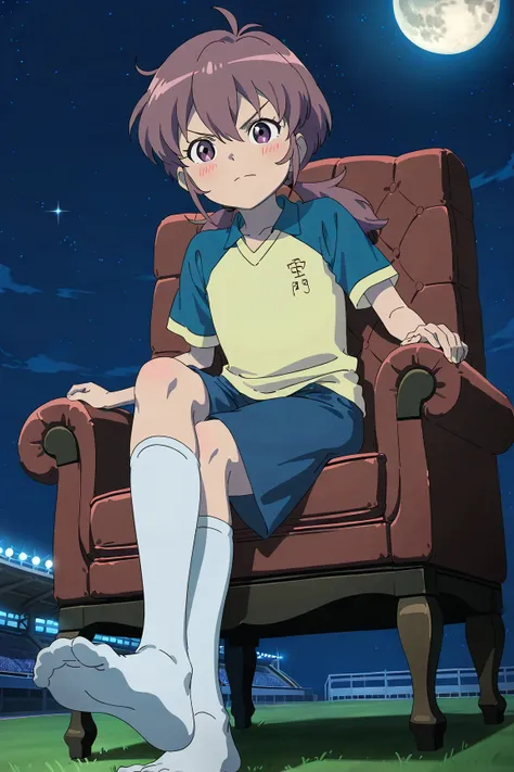 source_anime, score_9, score_8_up, score_7_up, anime screencap, absurdres, high quality,
anime coloring, 1girl, solo, (ograimon, collared shirt, yellow shirt, blue raglan sleeves, blue shorts
white socks),, looking at viewer, full body, female, barefoot, s...