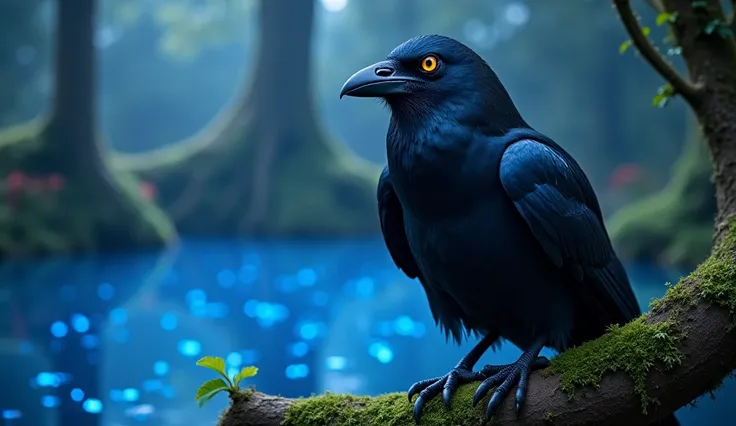 An old, wise crow with shimmering black feathers and glowing, intelligent eyes. The crow is perched on a moss-covered branch near a magical lake. Its posture is regal, and it exudes an aura of mystery and wisdom. The background includes the glowing 'Lake o...