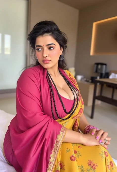 Indian beautiful woman sexy bhabhi, black tiny pearl thick long necklace,Sleeveless blouse,very deep cleavage,curvy plus size model wearing silk golden pink floral color saree ,magenta satin glossy sleeveless blouse, plenty pink bangles in hand,bindi on fo...