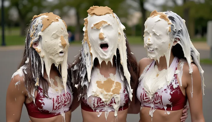 Three beautiful 18-year-old girls wearing matching cheerleader outfits standing side by side, slightly apart, facing the viewer They have each been pied several times and their entire faces including their eyes, noses and mouths are buried under a thick l...
