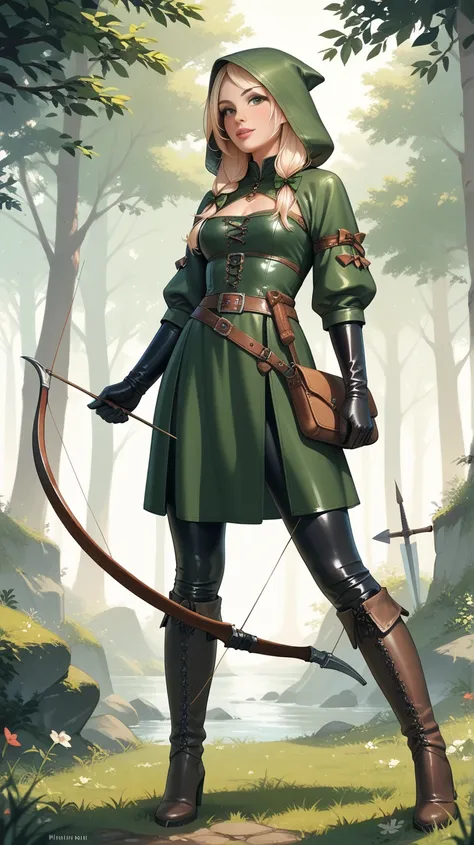 elf archer,  wearing long boots,  with a bow and arrow,  wearing long latex gloves, Medieval huntress clothes 