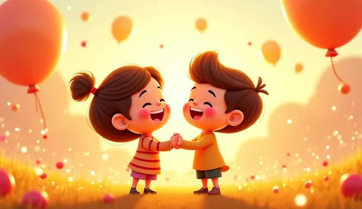 
Prompt: A heartwarming, joyful moment between two cartoon s laughing together, holding hands, and celebrating their fun game. The background is a glowing, dreamy world with floating balloons. A gentle breeze lifts their hair, and tiny magical dust swirls ...