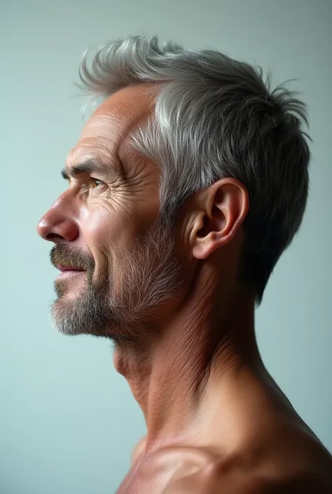 An impactful and conceptual image showing a profile portrait of a man , from the head down to the chest .  Half of the face and body with a youthful appearance ,  with smooth skin and vibrant hair ,  while the other half reflects aging , with wrinkles ,  g...