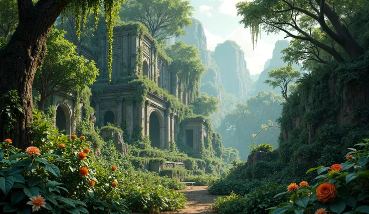 realistic image of magic jungles, wilderness, ruins of ancient buildings in the middle of the jundle, trees, bushes, lianas, flowers, highly detailed