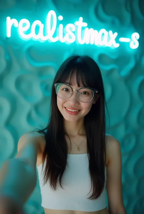 amateur shot,  read large neon blue light above her creative text "Rrealismax-s " . A POV shot ,  in which a woman takes an Instagram selfie  ,  against a wavy wall  , ohne Make-up,  light smile with mouth slightly open ,  she has long black hair with bang...