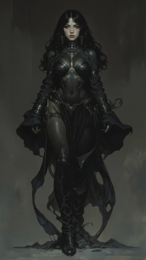 Mature Woman， Middle Ages ， showing hips，Blade Runner，concept， long black wavy hair，European woman，Full body shot，Sexy， Black Style Outfit , Created by Yoshitomo Nara ,  close up,  dynamic pose,   Best Quality , Melancholy Lights, Volumetric Fog