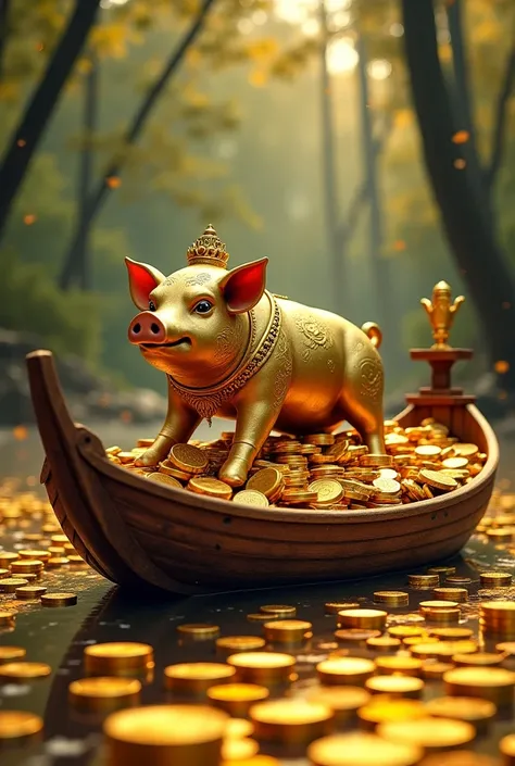 In the forest, there is a very beautiful, ancient and beautiful chariot full of gold bars and gold coins. The entire shore is full of gold coins and gold coins. On that boat, a very beautiful golden pig is riding, depicted naturally and vividly.