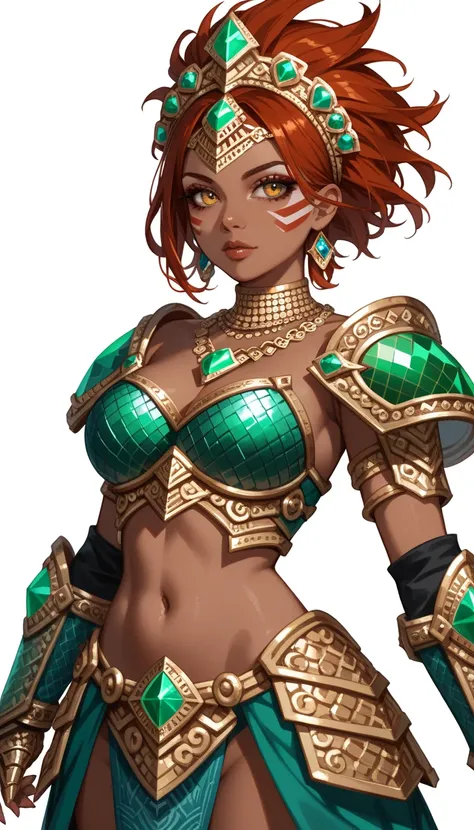 Solo, dark skinned girl, really short hair, spiked hair, auburn hair, golden eyes, Intricate Emerald Mask, Emerald Headdress, ((Intricate Emerald Armor, Holographic Chainmail)), Tribal Makeup, Jeweled golden necklaces, Jeweled gauntlets, ((eye focus)), ((b...