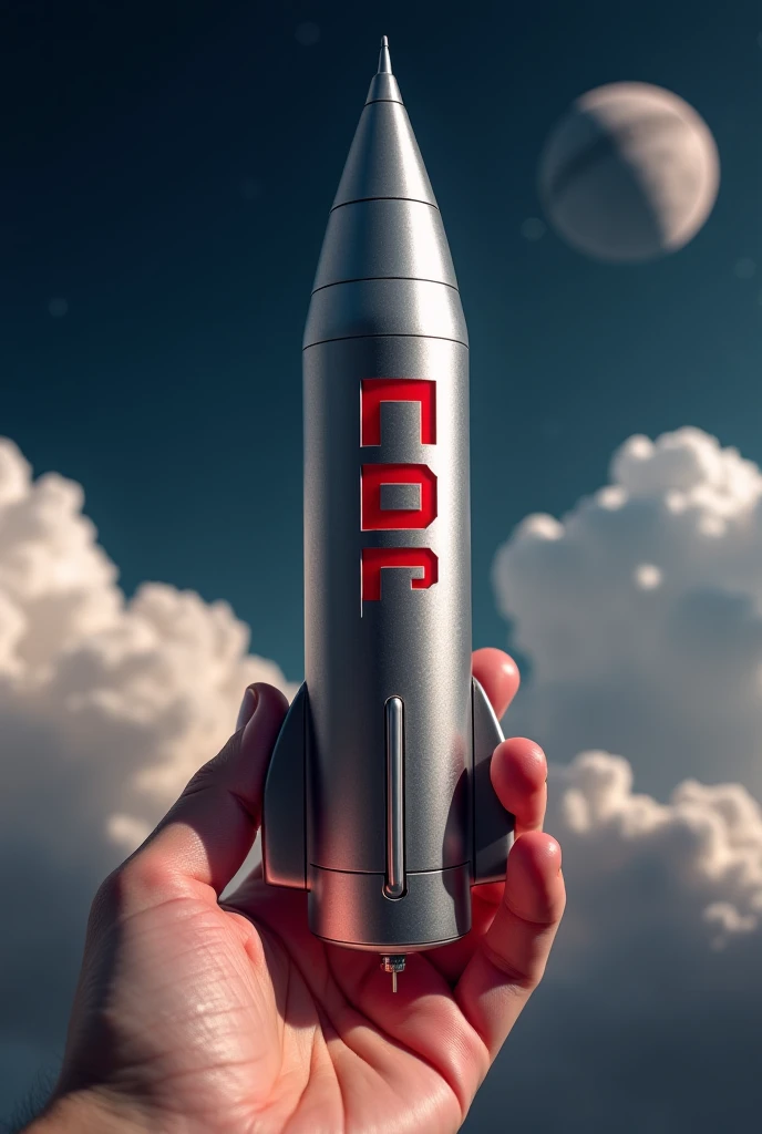  Image that represents a space rocket placed along a long large thick cylindrical piece of steel with a single conical tip, the tip pressed into one end of the cylinder.,  with a large futuristic bold character engraved on the cylinder in red  : "MBP ".  H...