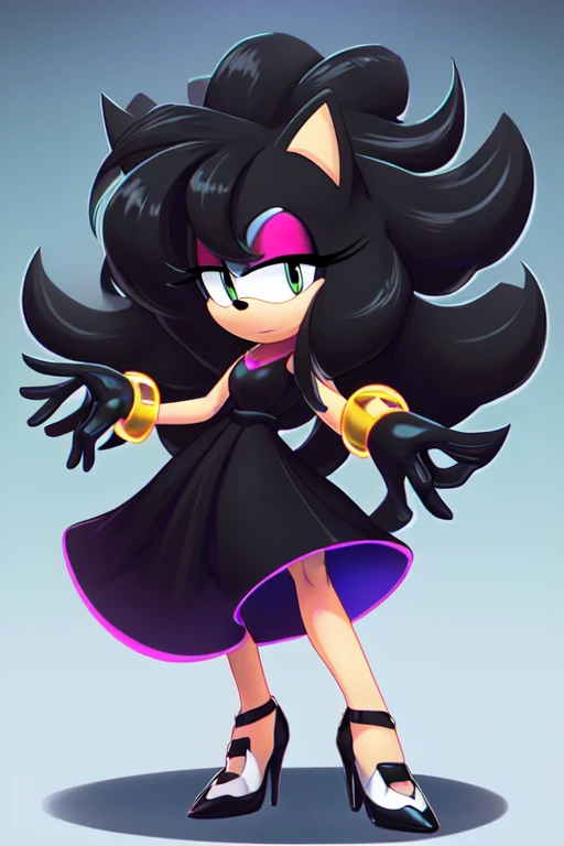 score_9, score_8_up,high quality,Solo,female hedgehog,dress,Solo,glove,high heel shoe,long hair,big hair,hand bracelets,makeup,gradient hair,black hair,Shoes,sidelocks