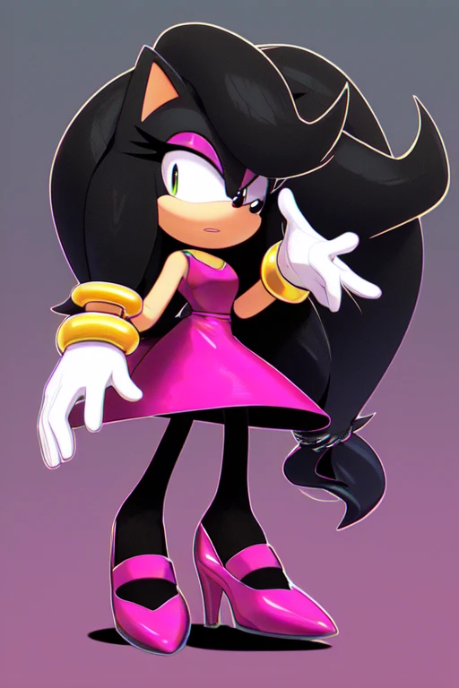 score_9, score_8_up,high quality,Solo,female hedgehog,dress,Solo,glove,high heel shoe,long hair,big hair,hand bracelets,makeup,gradient hair,black hair,Shoes,sidelocks