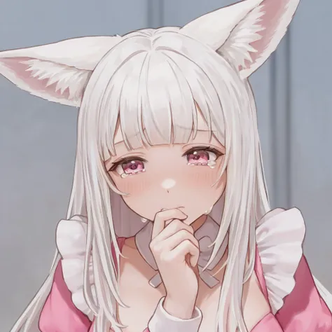 frontal, Put one hand on your mouth, sad, tears, Woman 1,  pink eyes, square bangs,  long hair, White hair, Large, voluptuous fox ears of the same color as the hair on the head, pink maid suit, pretty,  cute,  a white fox with a loose head, I washed my hea...