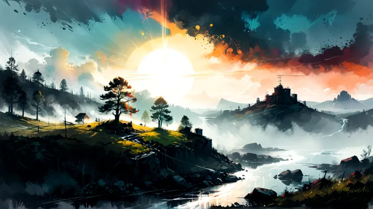 swedish landscape, ultra fine line art drawing, color ink, concept art, minimalistic, color splash, dramatic lighting, misty background, serenity, magic, volymetric lighting, sun ray, photorealistic, hard light, incredible depth, rich colors, 8K, by Russ M...