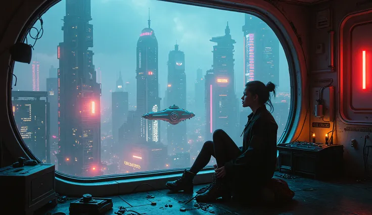 a lofi woman in a cyberpunk-style room at right of the pic, big window, a lot of gadgets futuristic, amazing city, buildings, flying cars, neon lights, detailed, 4k, photorealistic, cinematic lighting, intricate environment, futuristic, moody atmosphere, d...