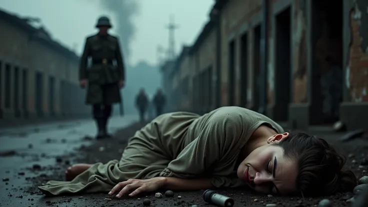 "A profoundly sad and distressing image set in the years of the Second World War.  On the right of the frame ,  a woman lies on the ground with her dress torn and her face marked by tears and pain .  His gaze is empty ,  lost in the horror just experienced...