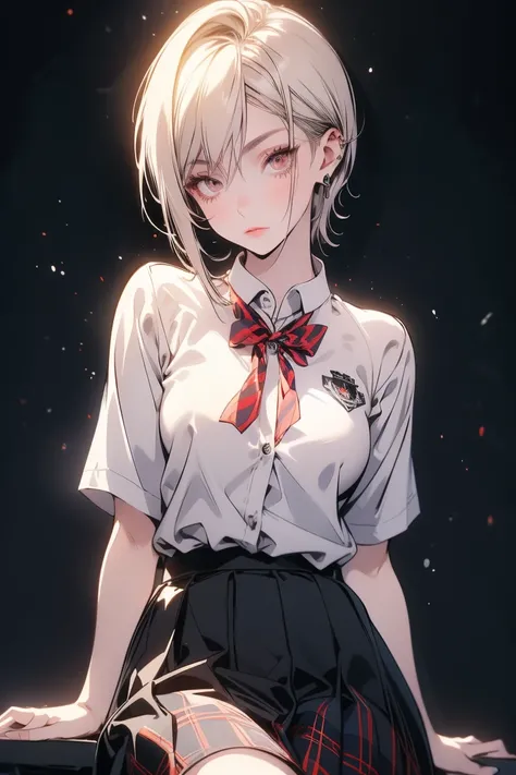  1 girl,  Looking at the viewer , , anatomically correct ,  short hair , mullet haircut girl ,Bangs, earring, Dark black eyes, Sharp eyes, Mole under the eye,  simple background , cool ,  model ,  stand upright ,  school uniform ,  Plaid Skirt , knees 