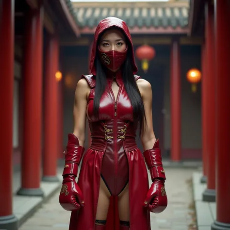 Beautiful Japanese young woman wearing maroon red Mortal Kombat style mask, maroon red Mortal Kombat superhero costume, maroon red latex boxing gloves, high maroon red latex platform boots, standing in Chinese palace in Mortal Kombat style, 4k photo